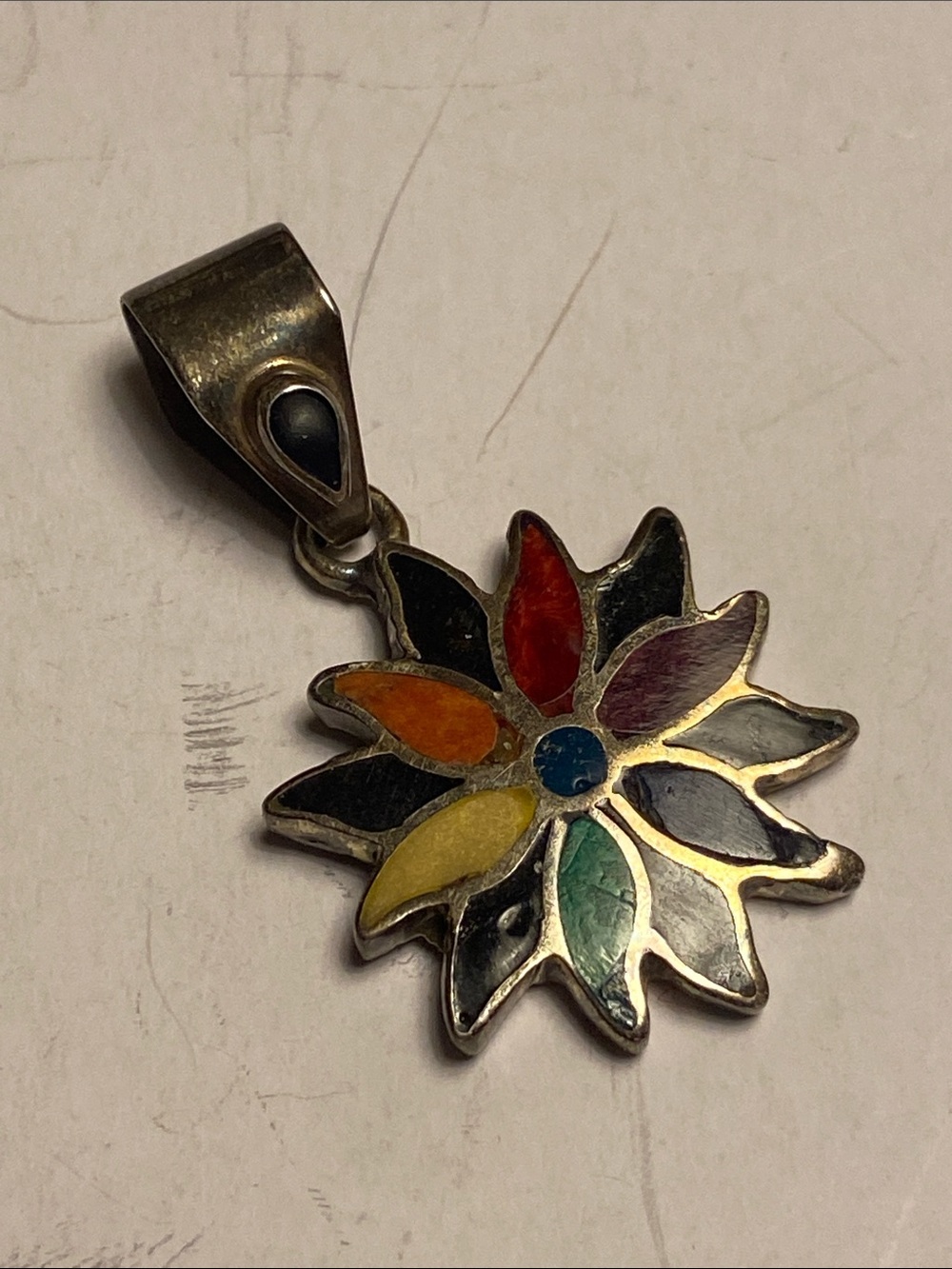 Peruvian Pendant Silver 950 Flower Multicolor Natural Inlay Stones